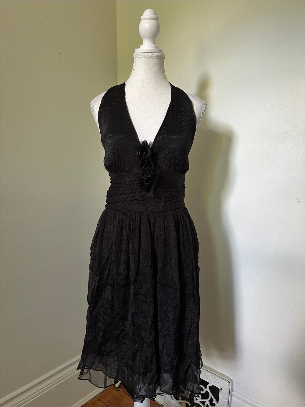 YUMI Black Y2K Floral Applique Whimsigoth Halter Neck Midi Dress Med/Large